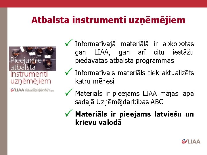 Atbalsta instrumenti uzņēmējiem Informatīvajā materiālā ir apkopotas gan LIAA, gan arī citu iestāžu piedāvātās