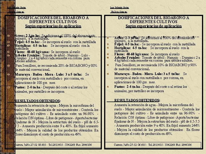 Luis Orlando Castro Ph. D en Ciencias DOSIFICACIONES DEL BIOABONO A DIFERENTES CULTIVOS Según