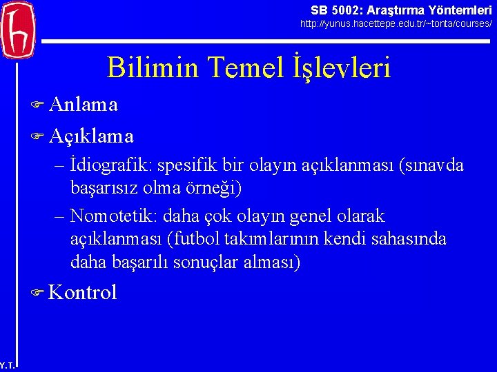 SB 5002: Araştırma Yöntemleri http: //yunus. hacettepe. edu. tr/~tonta/courses/ Bilimin Temel İşlevleri F Anlama