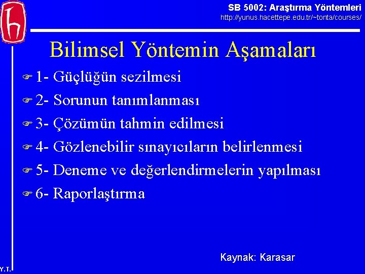 SB 5002: Araştırma Yöntemleri http: //yunus. hacettepe. edu. tr/~tonta/courses/ Bilimsel Yöntemin Aşamaları F 1