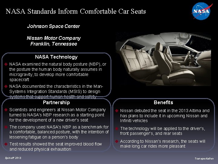 NASA Standards Inform Comfortable Car Seats Johnson Space Center Nissan Motor Company Franklin, Tennessee