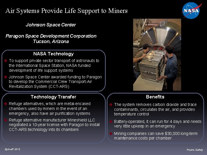 Air Systems Provide Life Support to Miners Johnson Space Center Paragon Space Development Corporation