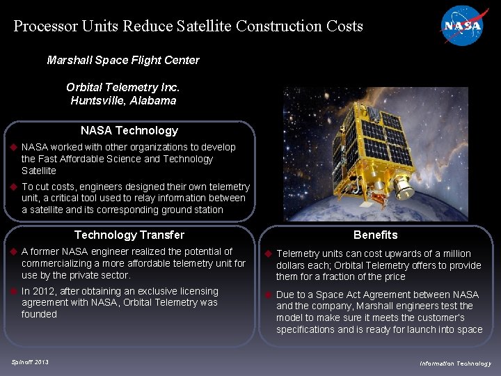 Processor Units Reduce Satellite Construction Costs Marshall Space Flight Center Orbital Telemetry Inc. Huntsville,