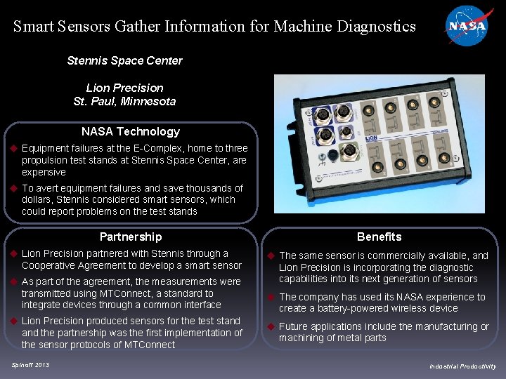 Smart Sensors Gather Information for Machine Diagnostics Stennis Space Center Lion Precision St. Paul,