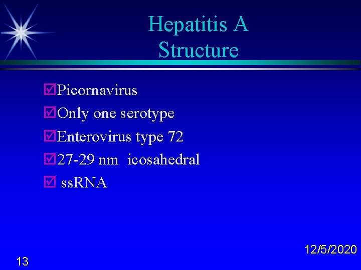 Hepatitis A Structure þPicornavirus þOnly one serotype þEnterovirus type 72 þ 27 -29 nm