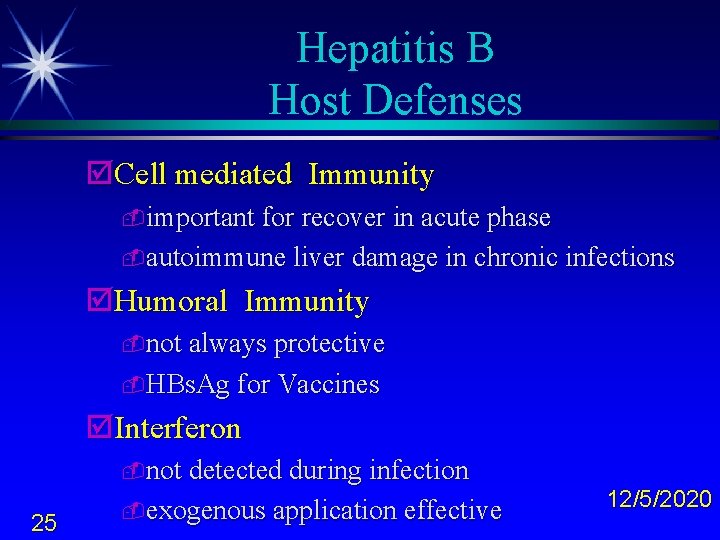 Hepatitis B Host Defenses þCell mediated Immunity -important for recover in acute phase -autoimmune