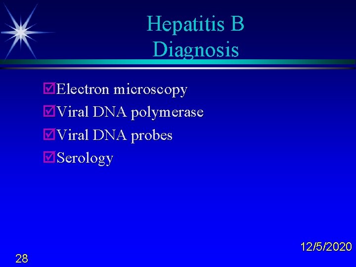 Hepatitis B Diagnosis þElectron microscopy þViral DNA polymerase þViral DNA probes þSerology 28 12/5/2020