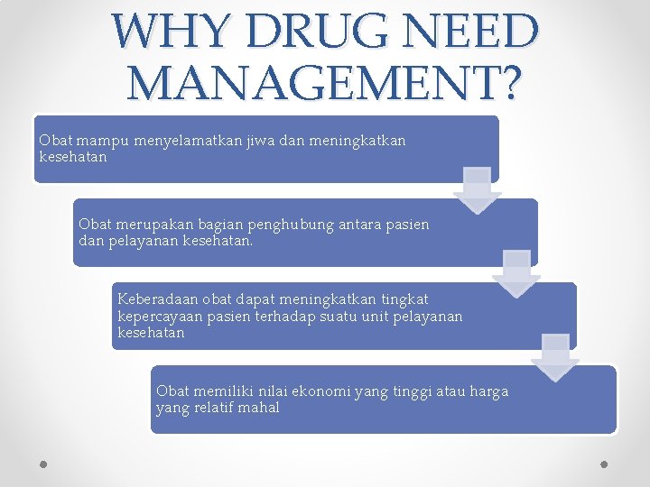 WHY DRUG NEED MANAGEMENT? Obat mampu menyelamatkan jiwa dan meningkatkan kesehatan Obat merupakan bagian