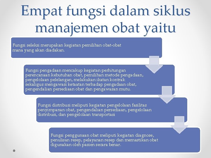 Empat fungsi dalam siklus manajemen obat yaitu Fungsi seleksi merupakan kegiatan pemilihan obat-obat mana