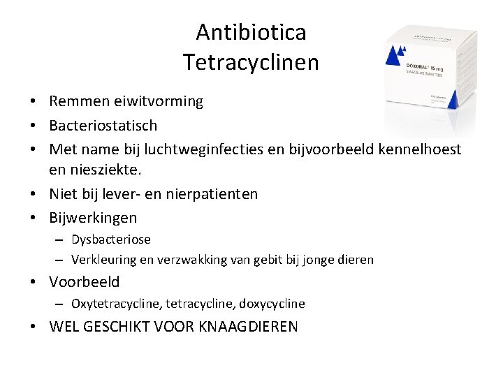 Antibiotica Tetracyclinen • Remmen eiwitvorming • Bacteriostatisch • Met name bij luchtweginfecties en bijvoorbeeld