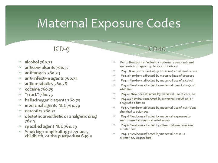 Maternal Exposure Codes ICD-9 alcohol 760. 71 anticonvulsants 760. 77 antifungals 760. 74 anti-infective