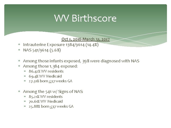 WV Birthscore Oct 1, 2016 -March 31, 2017 Intrauterine Exposure 1384/9614 (14. 4%) NAS