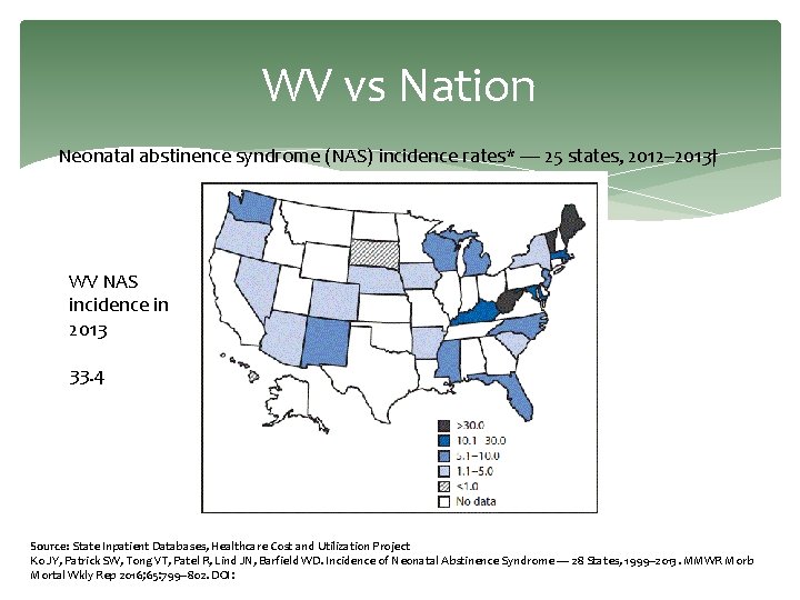 WV vs Nation Neonatal abstinence syndrome (NAS) incidence rates* — 25 states, 2012– 2013†
