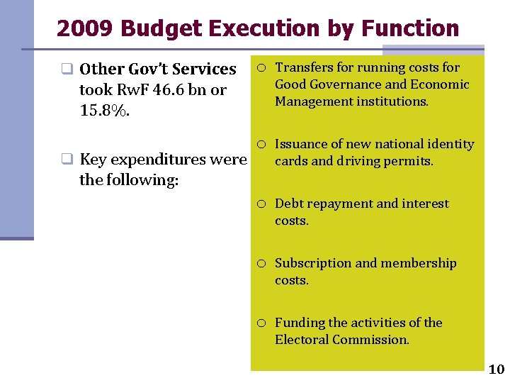 2009 Budget Execution by Function q Other Gov’t Services o Transfers for running costs