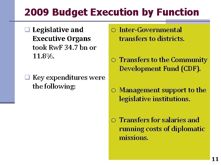 2009 Budget Execution by Function q Legislative and Executive Organs took Rw. F 34.