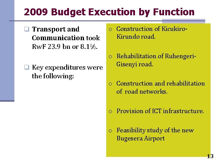 2009 Budget Execution by Function q Transport and Communication took Rw. F 23. 9