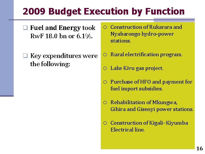 2009 Budget Execution by Function q Fuel and Energy took o Rw. F 18.