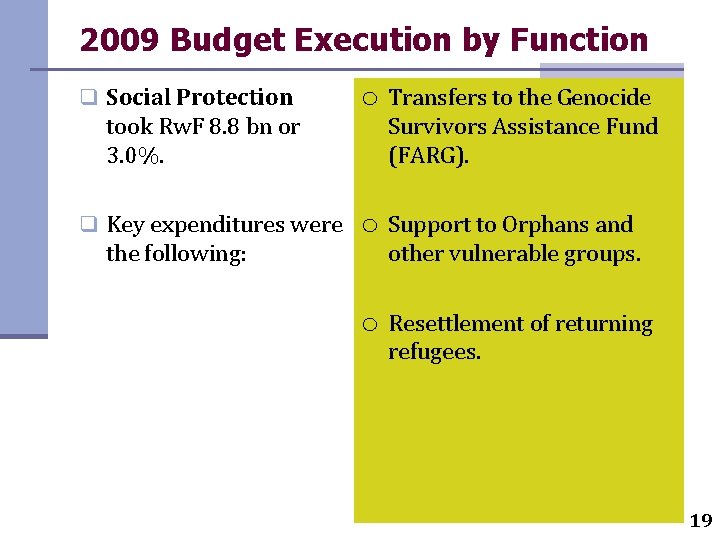 2009 Budget Execution by Function q Social Protection took Rw. F 8. 8 bn