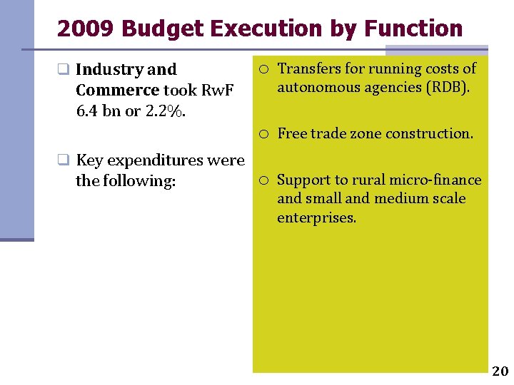 2009 Budget Execution by Function q Industry and Commerce took Rw. F 6. 4