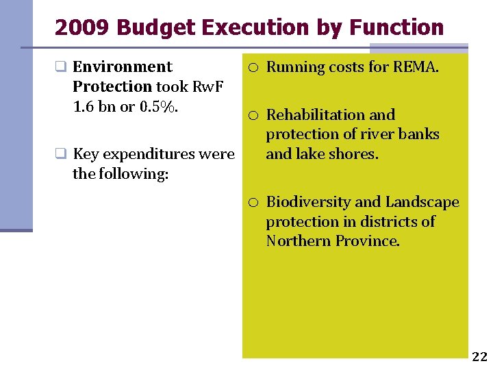 2009 Budget Execution by Function q Environment Protection took Rw. F 1. 6 bn