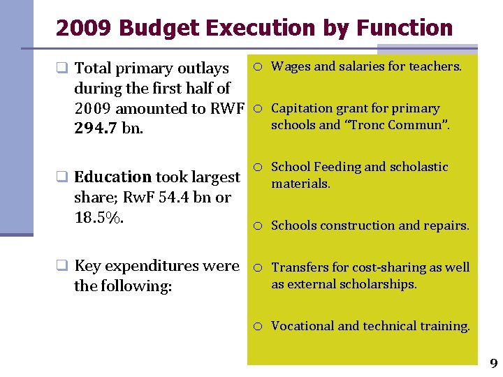 2009 Budget Execution by Function q Total primary outlays o Wages and salaries for