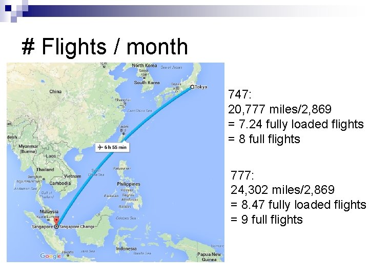 # Flights / month 747: 20, 777 miles/2, 869 = 7. 24 fully loaded