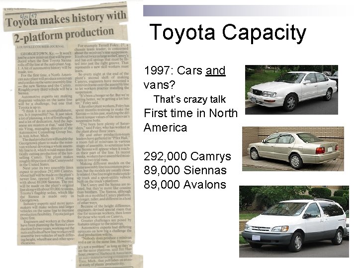 Toyota Capacity 1997: Cars and vans? That’s crazy talk First time in North America