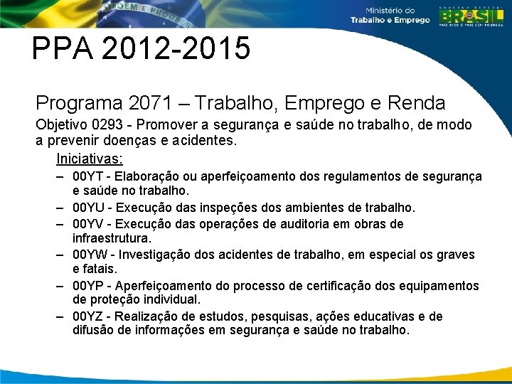 PPA 2012 -2015 Programa 2071 – Trabalho, Emprego e Renda Objetivo 0293 - Promover