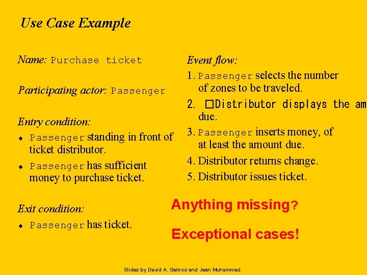 Use Case Example Name: Purchase ticket Participating actor: Passenger Entry condition: ¨ Passenger standing Use Case Example Name: Purchase ticket Participating actor: Passenger Entry condition: ¨ Passenger standing