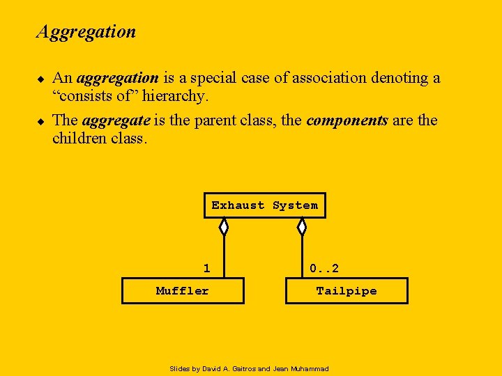 Aggregation ¨ ¨ An aggregation is a special case of association denoting a “consists Aggregation ¨ ¨ An aggregation is a special case of association denoting a “consists