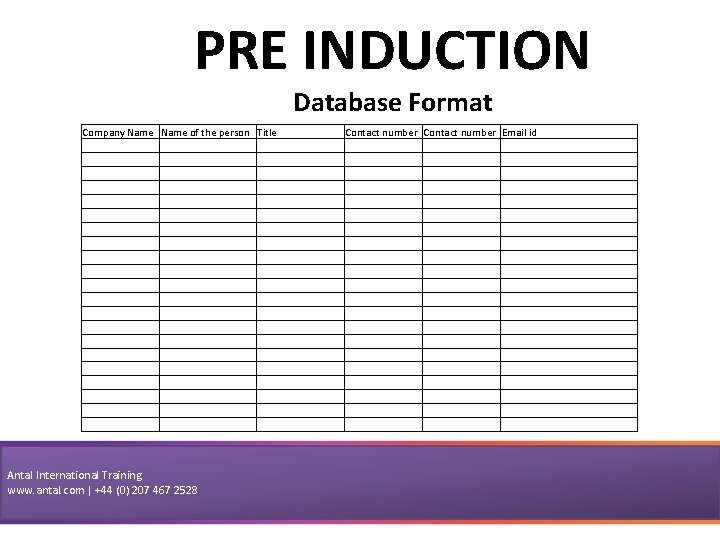 PRE INDUCTION Database Format Company Name Name of the person Antal International Training www.