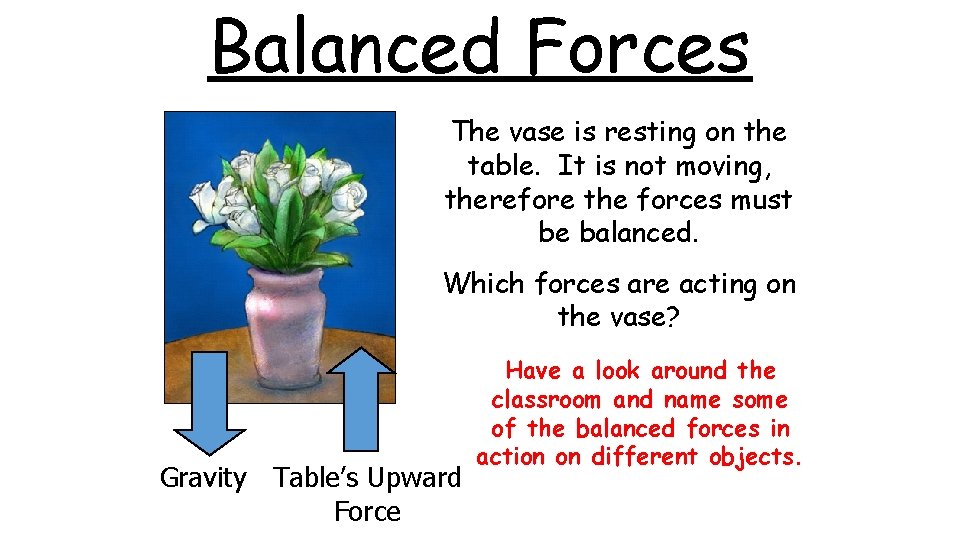 Balanced Forces The vase is resting on the table. It is not moving, therefore Balanced Forces The vase is resting on the table. It is not moving, therefore