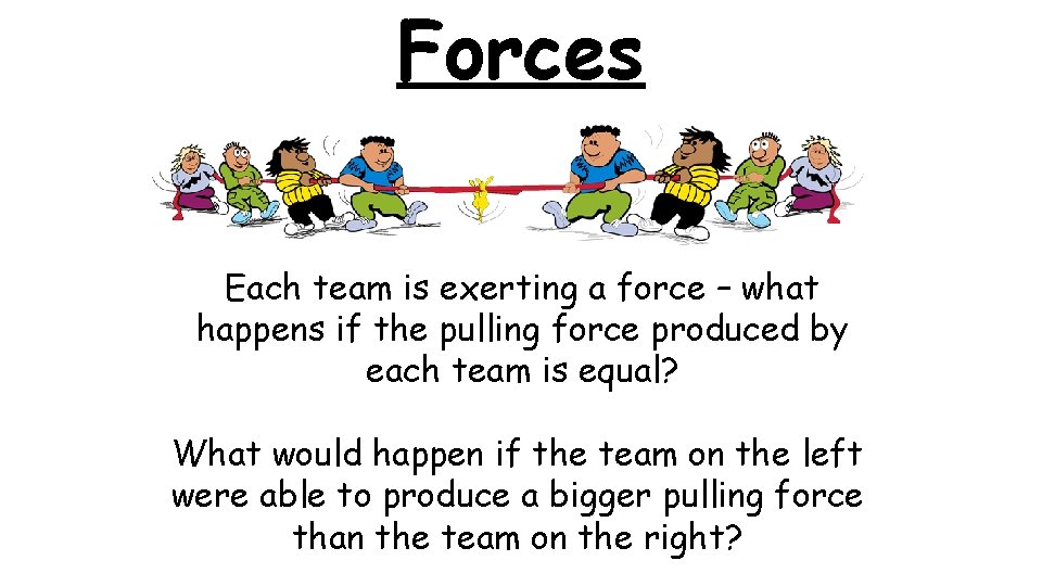 Forces Each team is exerting a force – what happens if the pulling force