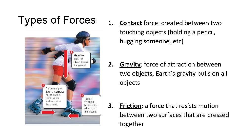 Types of Forces 1. Contact force: created between two touching objects (holding a pencil,