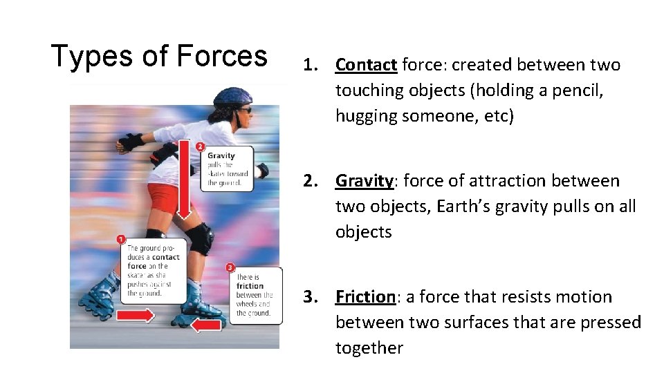 Types of Forces 1. Contact force: created between two touching objects (holding a pencil, Types of Forces 1. Contact force: created between two touching objects (holding a pencil,