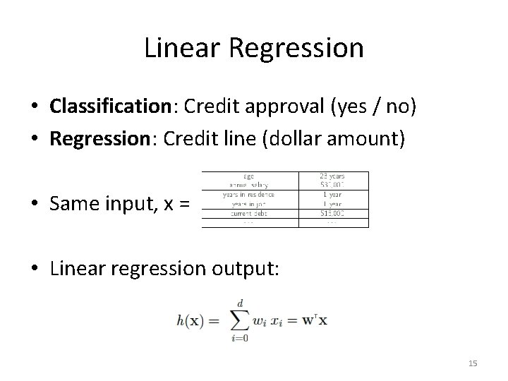 Linear Regression • Classification: Credit approval (yes / no) • Regression: Credit line (dollar