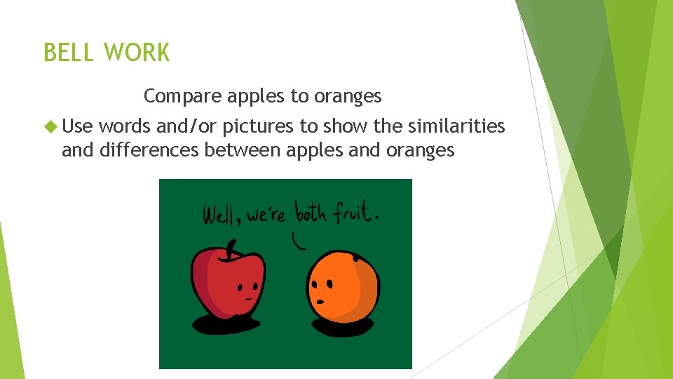 BELL WORK Compare apples to oranges Use words and/or pictures to show the similarities