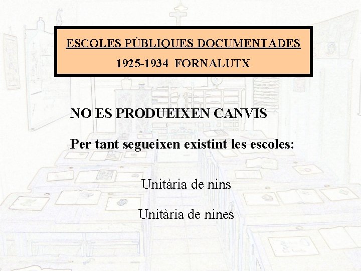ESCOLES PÚBLIQUES DOCUMENTADES 1925 -1934 FORNALUTX NO ES PRODUEIXEN CANVIS Per tant segueixen existint