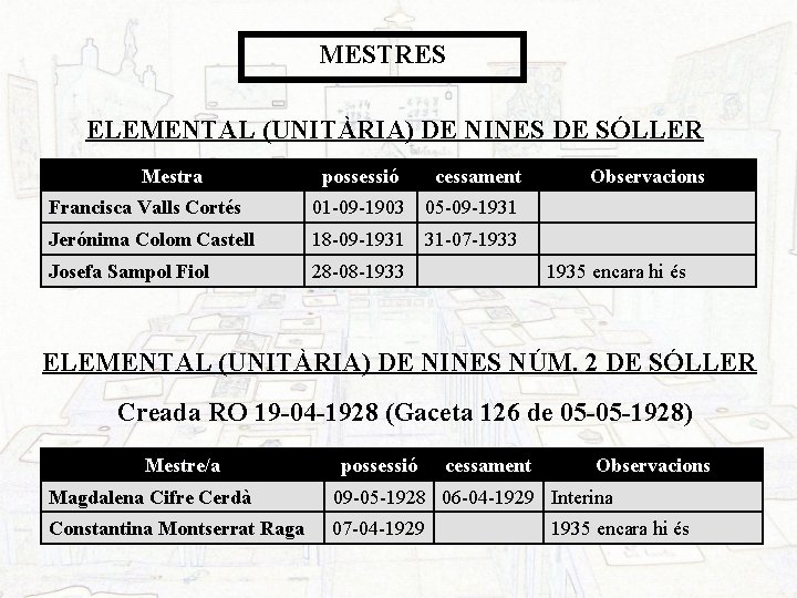 MESTRES ELEMENTAL (UNITÀRIA) DE NINES DE SÓLLER Mestra possessió cessament Francisca Valls Cortés 01