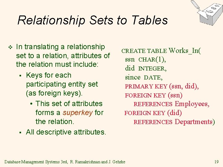 Relationship Sets to Tables v In translating a relationship set to a relation, attributes Relationship Sets to Tables v In translating a relationship set to a relation, attributes