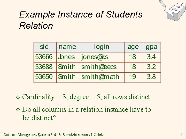 Example Instance of Students Relation v Cardinality = 3, degree = 5, all rows Example Instance of Students Relation v Cardinality = 3, degree = 5, all rows