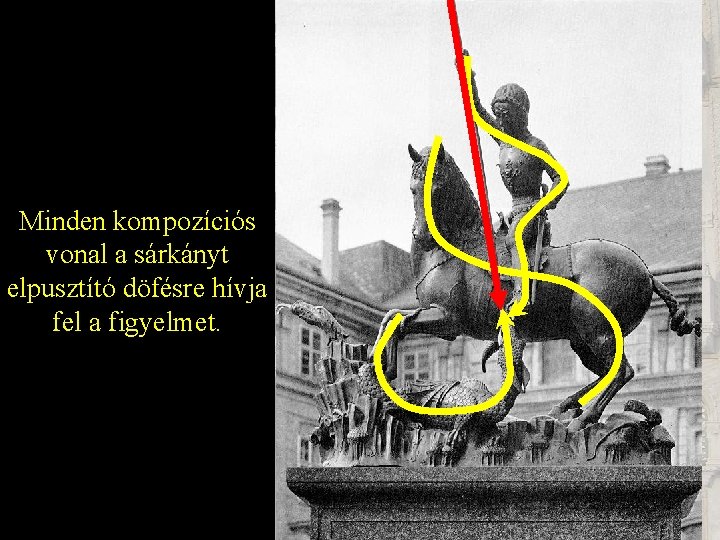 Minden kompozíciós vonal a sárkányt elpusztító döfésre hívja fel a figyelmet. 