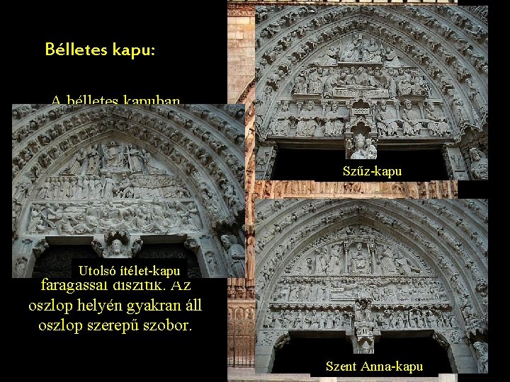 Bélletes kapu: A bélletes kapuban fokozatosan szűkülő kapuzatok sorakoznak, melyek díszítése egységes: oszloplábazatokból, oszlopokból,