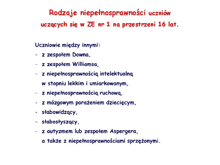 Rodzaje niepełnosprawności uczniów uczących się w ZE nr 1 na przestrzeni 16 lat. 