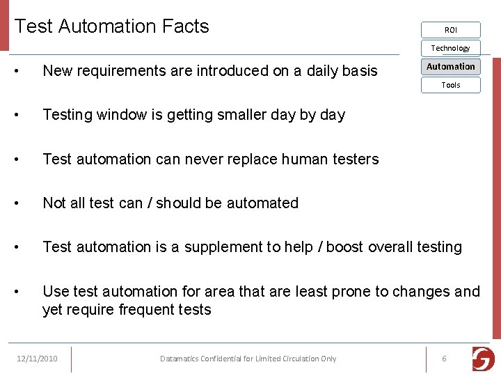 Test Automation Facts ROI Technology • New requirements are introduced on a daily basis