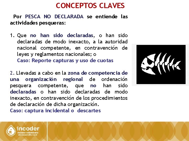 CONCEPTOS CLAVES Por PESCA NO DECLARADA se entiende las actividades pesqueras: 1. Que no