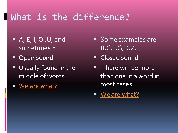 What is the difference? A, E, I, O , U, and sometimes Y Open