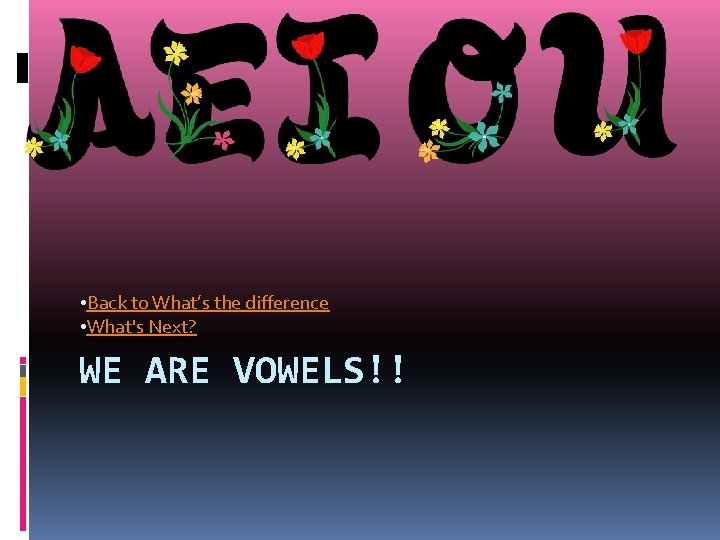  • Back to What’s the difference • What's Next? WE ARE VOWELS!! 