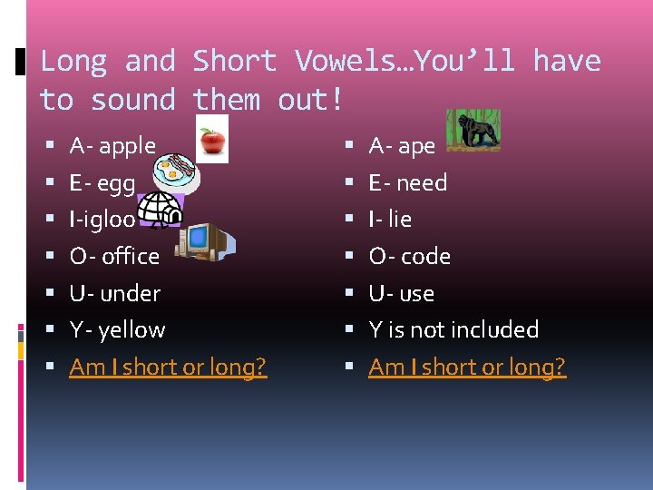 Long and Short Vowels…You’ll have to sound them out! A- apple E- egg I-igloo