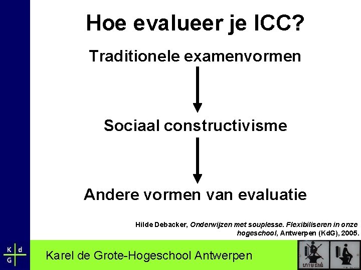 Hoe evalueer je ICC? Traditionele examenvormen Sociaal constructivisme Andere vormen van evaluatie Hilde Debacker,